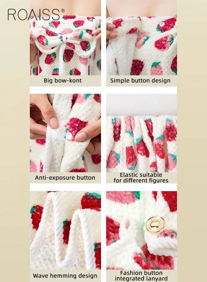 2 Pcs Cute Bath Set for Women 1 Coral Fleece Bath Towel Wrap Dress with Bow and 1 Super Absorption Hair Drying Cap Sets Thickening Tube Top Bath Skirt and Towel Hat Suit with Cute Strawberry Print