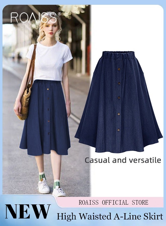 Women's Fashion Versatile Denim Skirt Soft Lightweight Elastic Waist Design High Waisted A-Line Skirt