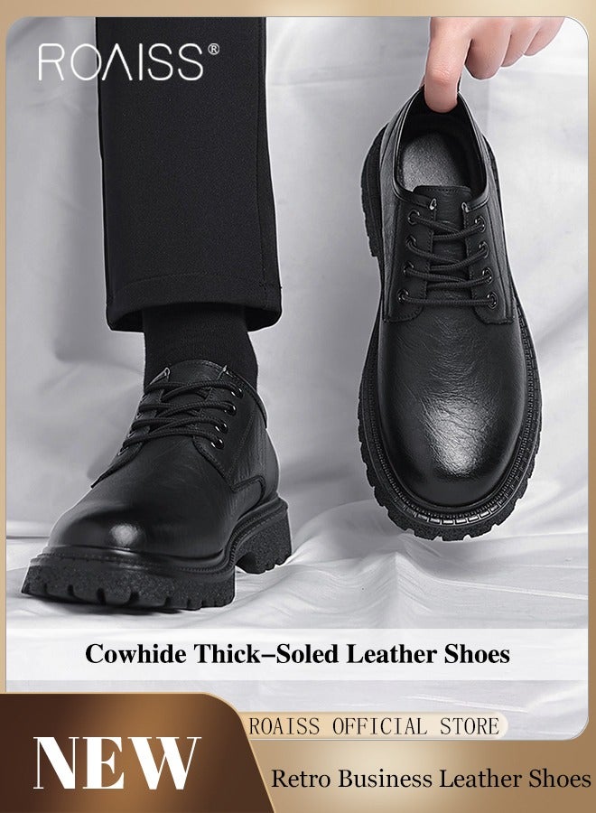 Men Vintage Business Casual Leather Shoes Thick Soled Head Leather Shoes for Men Dress Boots with British Style  Low Cut Work Boot Design