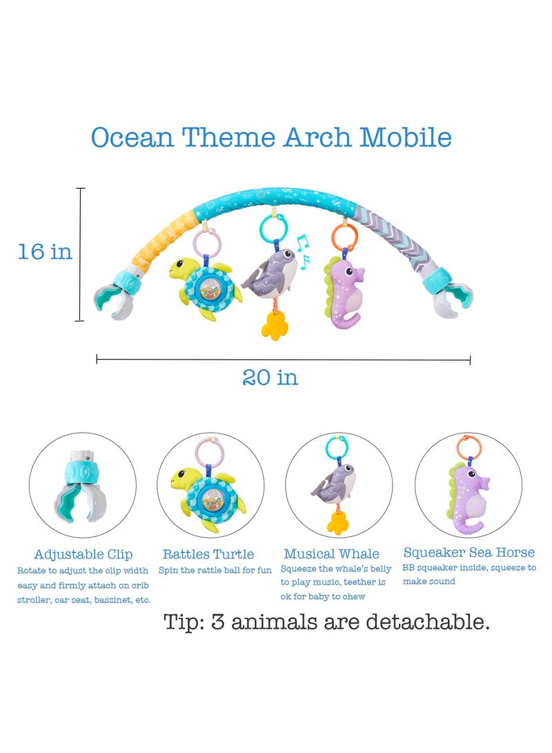 Baby Stroller Arch Toy with Clamps, Clip-On Mobile Musical Crib Mobile Toys Interactive Stroller Toy Arch Baby Bouncer Activity Toy Bar  for Infants Baby Car Seat Toys Rattle Turtle Music Whale