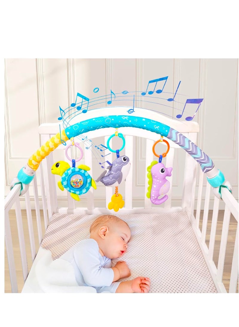 Baby Stroller Arch Toy with Clamps, Clip-On Mobile Musical Crib Mobile Toys Interactive Stroller Toy Arch Baby Bouncer Activity Toy Bar  for Infants Baby Car Seat Toys Rattle Turtle Music Whale