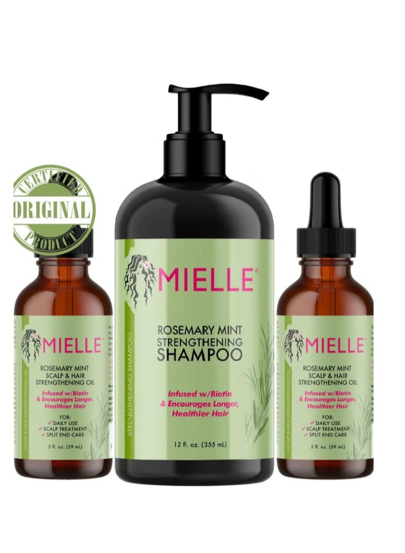 MIELLE Organics Rosemary Mint Strengthening Set 2 Oils + Shampoo Infused With Biotin Cleanses And Helps Strengthen Weak And Brittle Hair 473ml