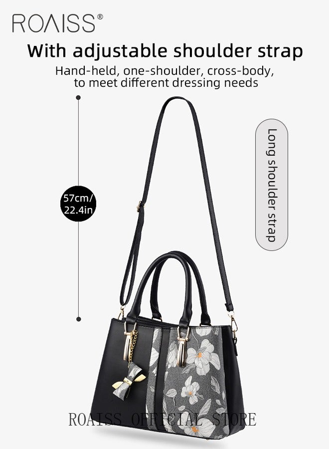 Women's Pu Leather Patchwork Printed Handbag Elegant And Adjustable Detachable Shoulder Bag Zipper Opening And Closing Design Multi-Layer Large Capacity Tote Bag