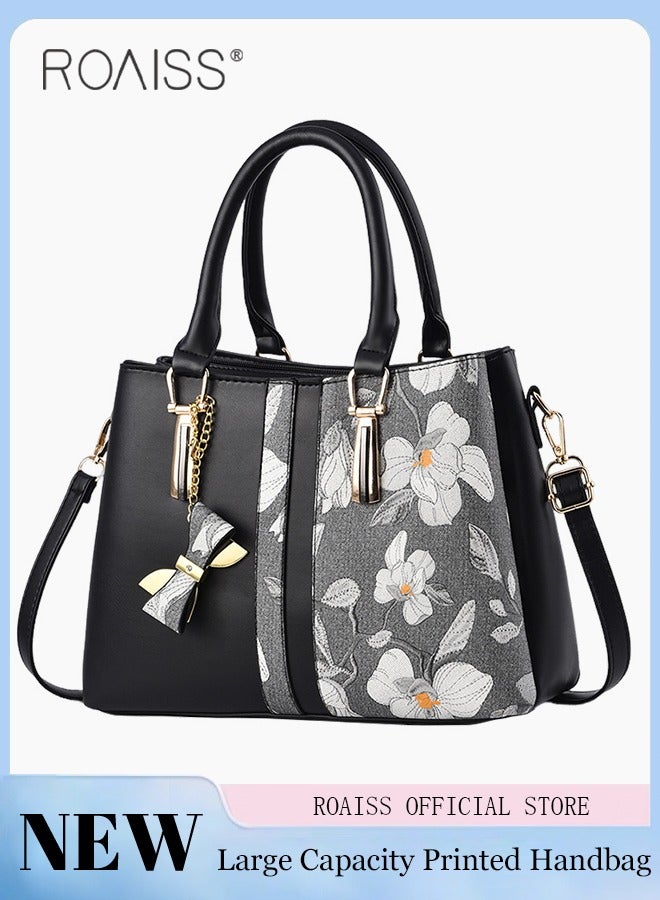 Women's Pu Leather Patchwork Printed Handbag Elegant And Adjustable Detachable Shoulder Bag Zipper Opening And Closing Design Multi-Layer Large Capacity Tote Bag