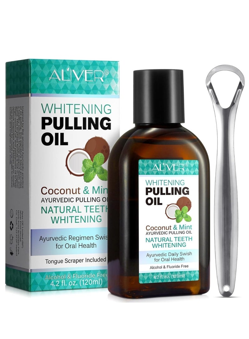 120ml Coconut Oil Pulling Mouthwash with Coconut and Peppermint Oil Ayurvedic Mouthwash for Fresh Breath Teeth Whitening Mint Pulling Mouthwash Natural Essential Oil Mouthwash with Tongue Scraper