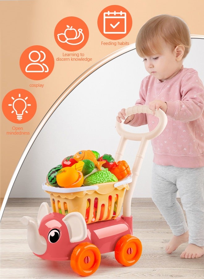 Cutting Play Food Toy for Kids Kitchen, Pretend Fruit &Vegetables Accessories with Elephant Shopping Storage Basket, Plastic Mini Dishes and Knife, Toy Kitchen Accessories Playset