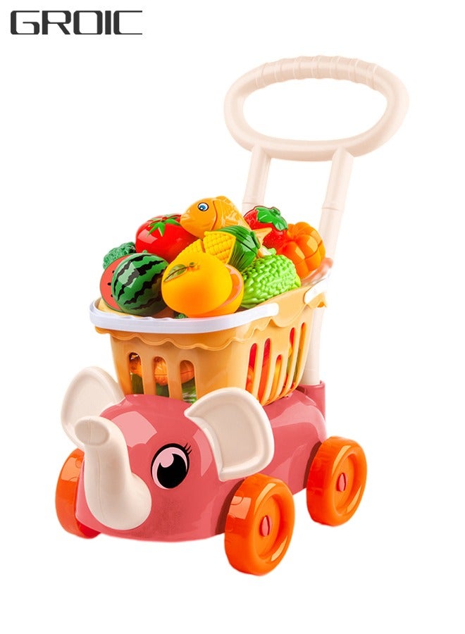 Cutting Play Food Toy for Kids Kitchen, Pretend Fruit &Vegetables Accessories with Elephant Shopping Storage Basket, Plastic Mini Dishes and Knife, Toy Kitchen Accessories Playset