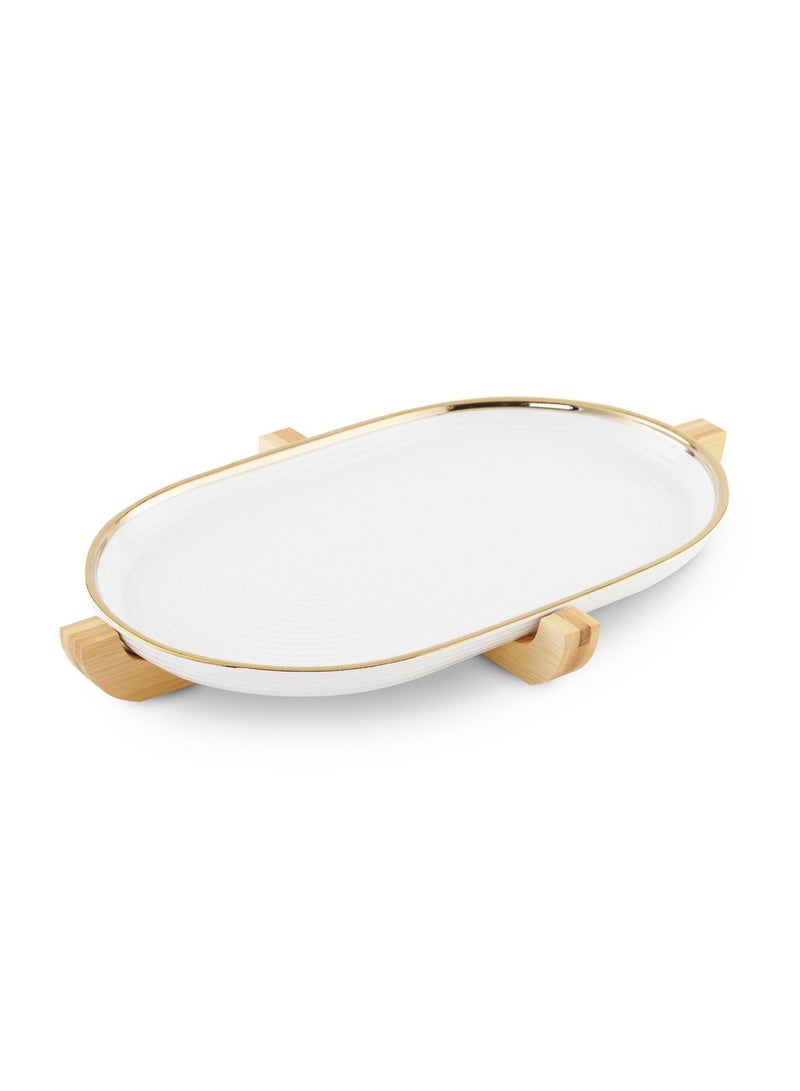 Paco Oval Serving Platter With Bamboo Base 33.5x21x2cm - White