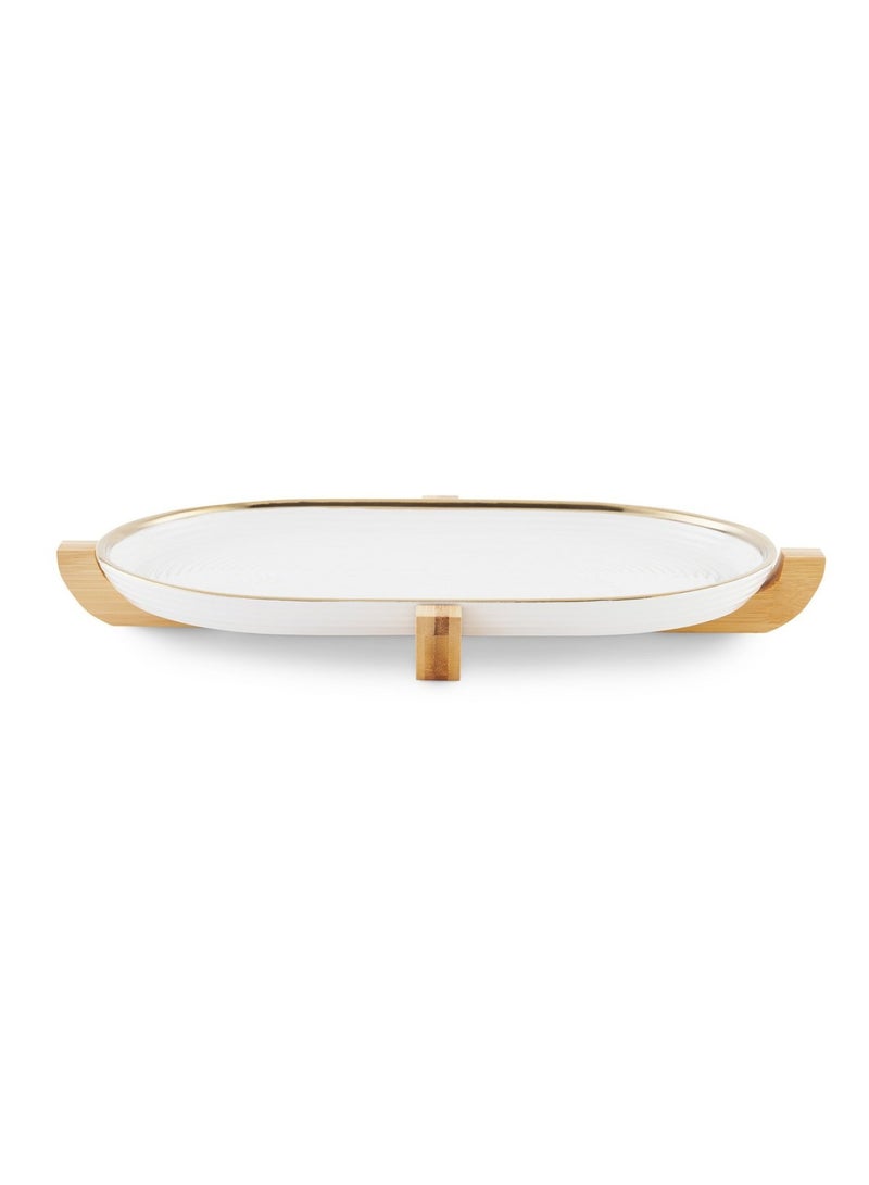 Paco Oval Serving Platter With Bamboo Base 33.5x21x2cm - White