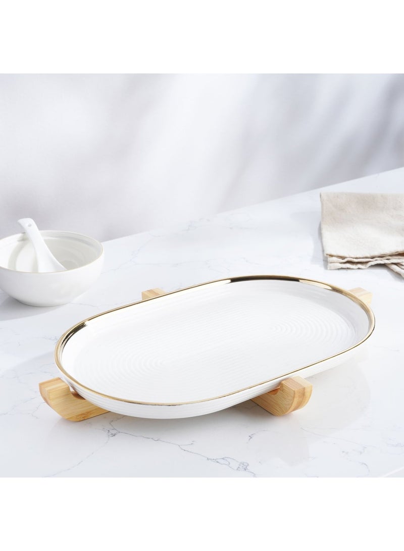 Paco Oval Serving Platter With Bamboo Base 33.5x21x2cm - White