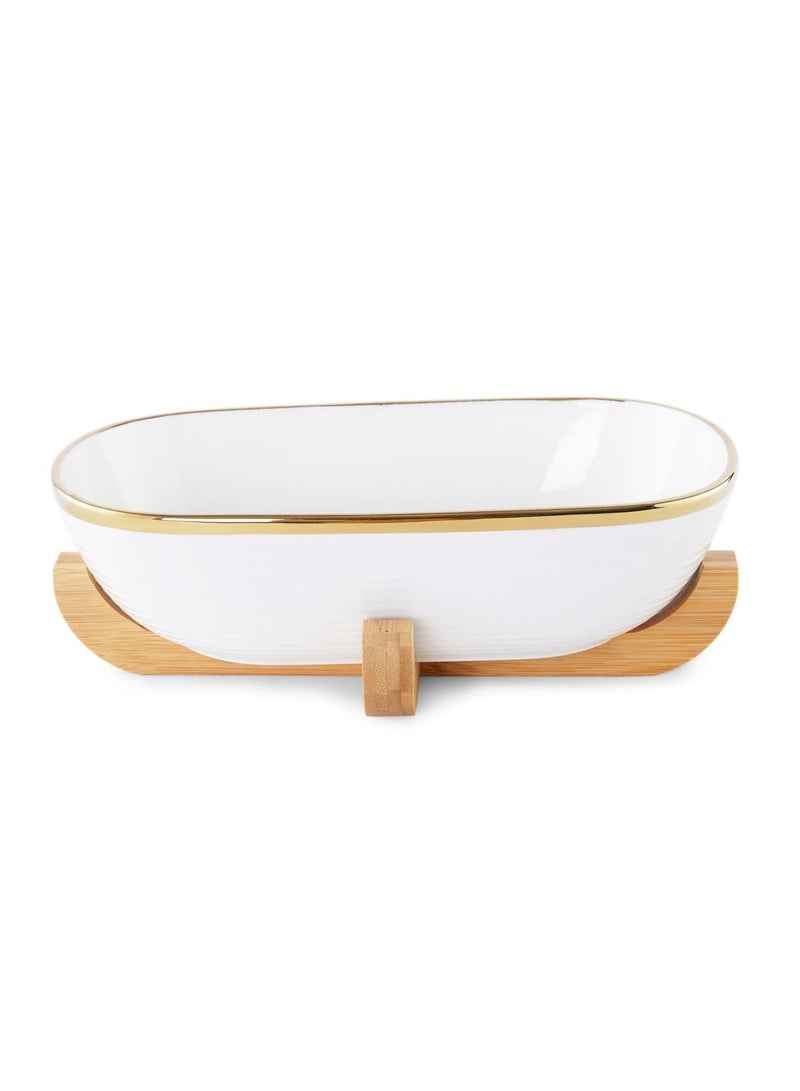 Paco Oval Serving Bowl With Bamboo Base 1.8L - White