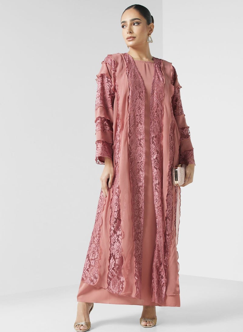 Lace Detailed Abaya With Inner Dress & Sheila