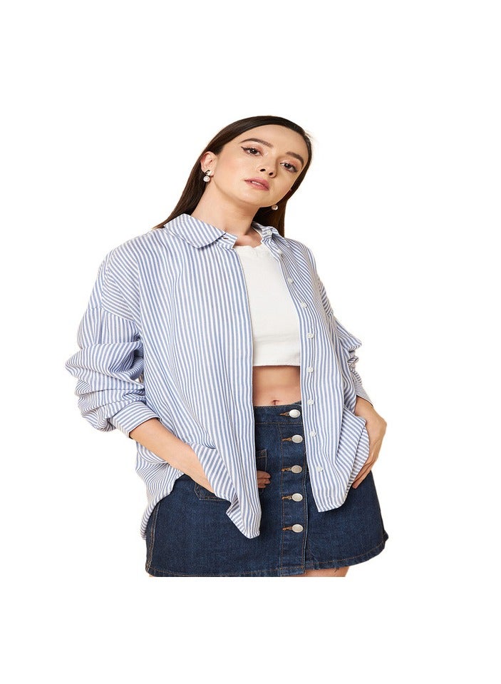 High Star Oversized Blue Striped Cotton Casual Shirt