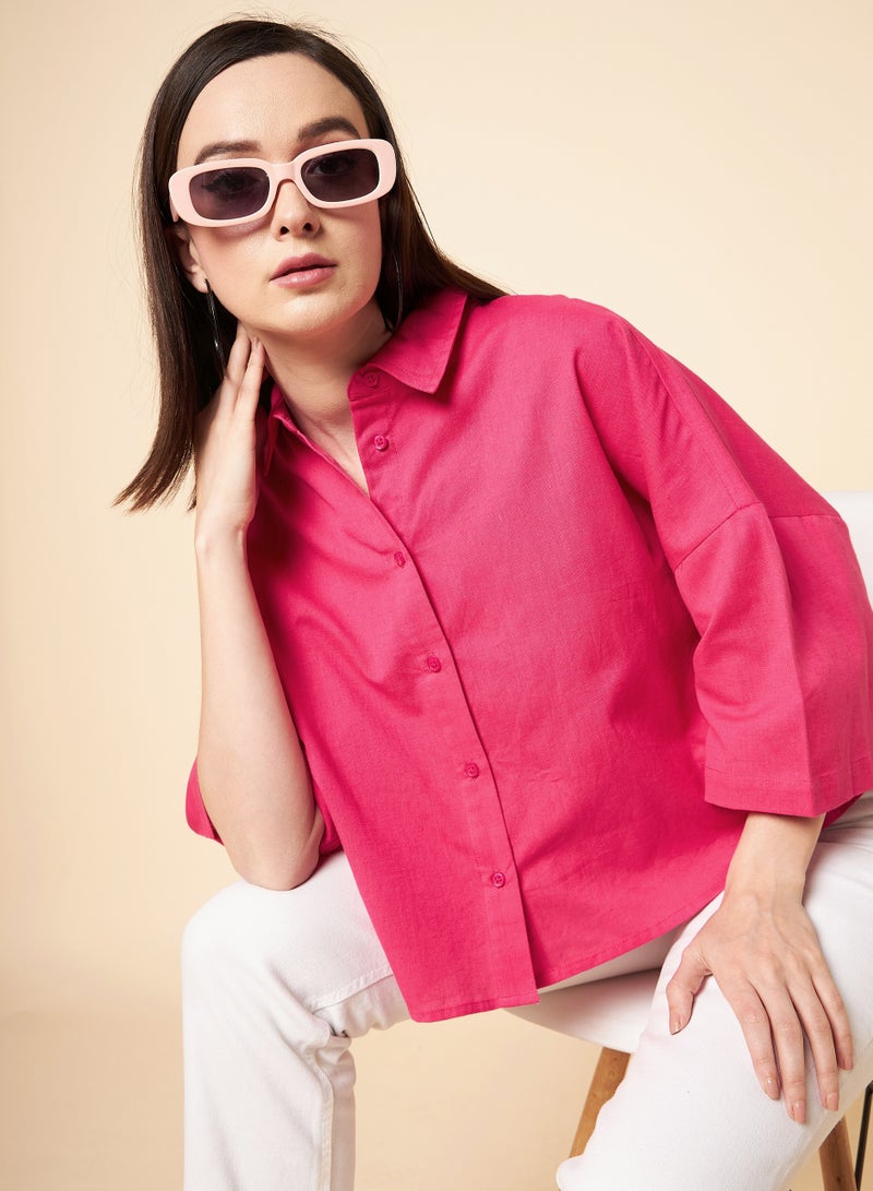 High Star oversized solid cotton pink casual shirt