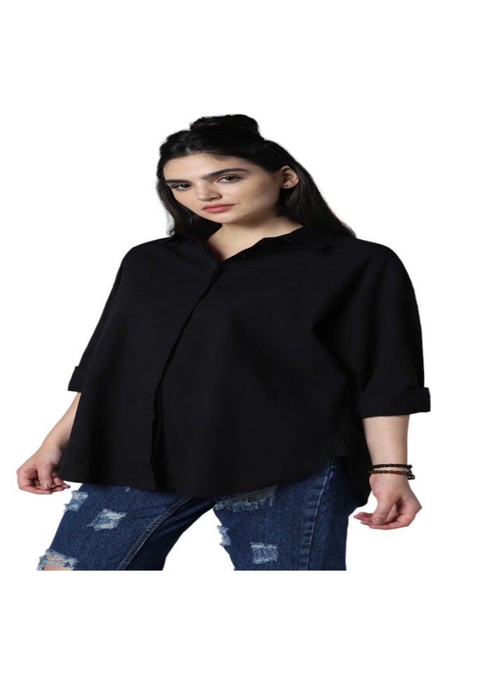 High Star Relaxed Oversized Spread Collar Long Sleeve Cotton Longline Casual Shirt
