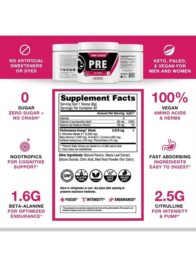 Pre Workout Powder, Keto Vegan Preworkout for Men & Women with Vitamin C for Immune Support, Beta Alanine & Caffeine, Sugar Free Natural Energy Supplement, Wild Berry, 30 Servings