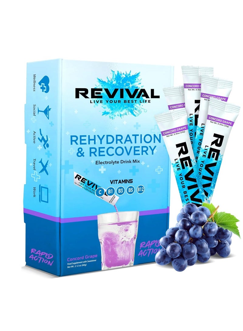 Revival Rapid Rehydration, Electrolytes Powder - High Strength Vitamin C, B1, B3, B5, B12 Supplement Sachet Drink concord grape 10 gm /stick