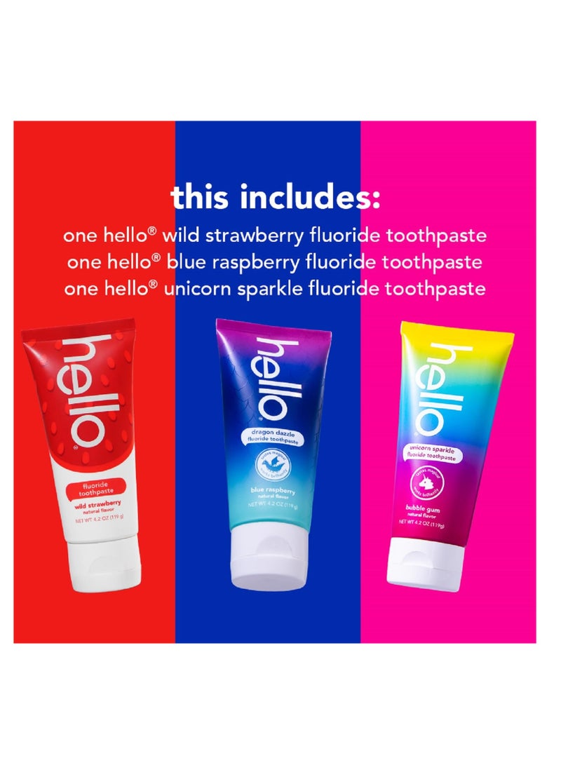 hello Variety (Unicorn, Strawberry, Dragon) Fluoride Kids Toothpaste, Anticavity, Natural Flavors, Vegan, SLS Free, Gluten Free, Ages 2+, 4.2 Ounce (Pack of 3)