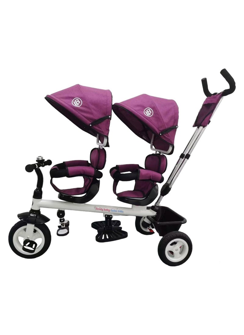 Lovely Baby 2-Seater Tricycle for Kids LB 525HC - Double Ride Trike - Twin Baby Carrier with Canopy - Rear Basket - Bell - Push Handle - Safe Toddler Riding Pedal Trike - 1-3 Years - Purple