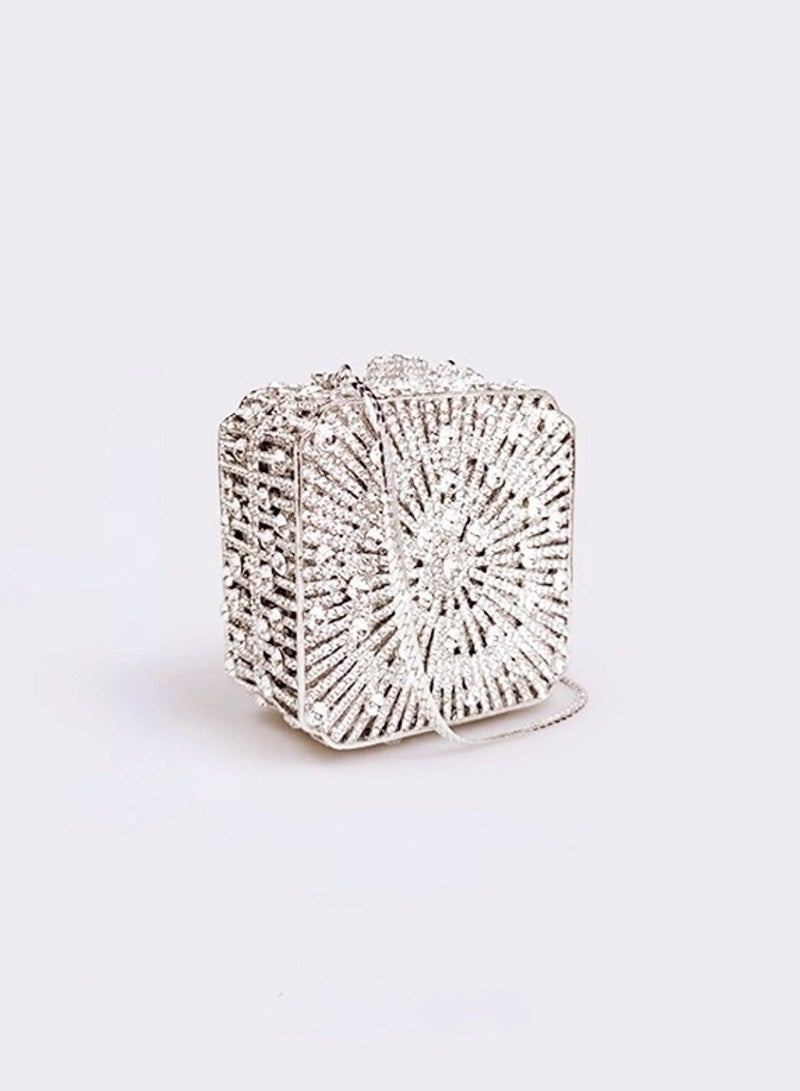 Luxury Crystal Inlaid Carved Hollow Flower Silver Sparkling Box Banquet Bag Clutch Bag Exquisite Mini Small Square Bag