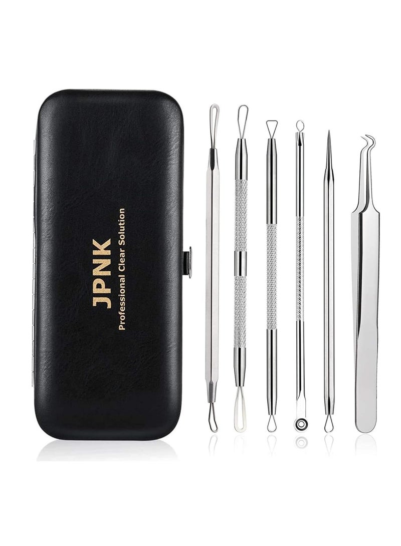 JPNK Blackhead Remover Tool Comedones Extractor Acne Removal Kit for Blemish, Whitehead Popping, 6 Pcs Zit Removing for Nose Face Tools with a Leather Bag