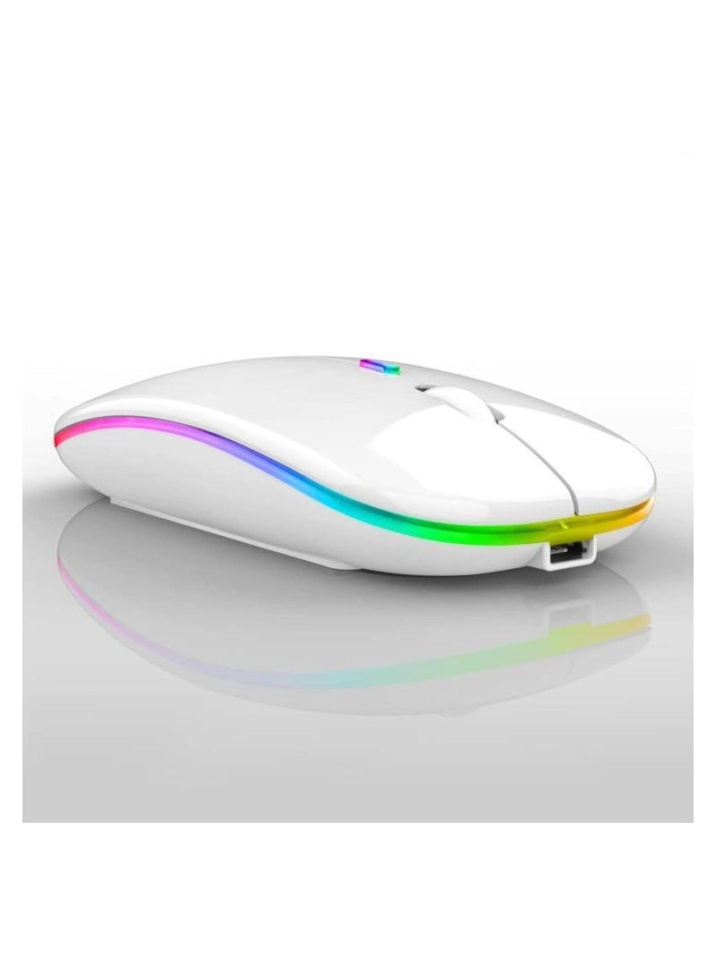 LED Wireless Mouse Rechargeable Slim Silent Mouse 2.4G Portable Mobile Optical Office Mouse with USB & Type-c Receiver 3 Adjustable DPI for Notebook PC Laptop Computer Desktop (White)