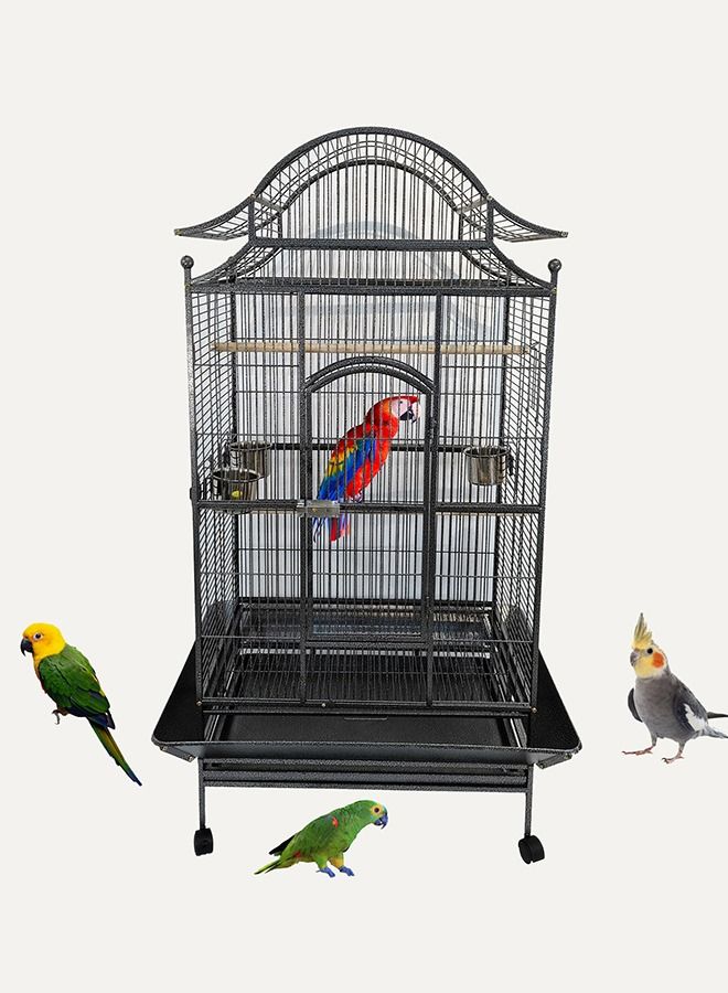 Bird Cage, Parrot cage, Black Metal Cage with Extra feed collector, Food Bowl, Birds Village, Modern Design, Indoor use, entertaining cage, Easy to Assemble, Black color, 170 cm height