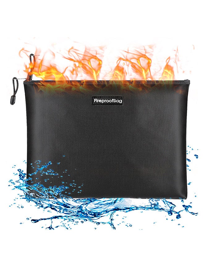 Fireproof Document Bag Silicone Coated Fiberglass Fireproof and Waterproof Money Bag with Zipper Closure Safe Storage Pouch for A4 File Cash Cards Jewelry Passport and Valuables