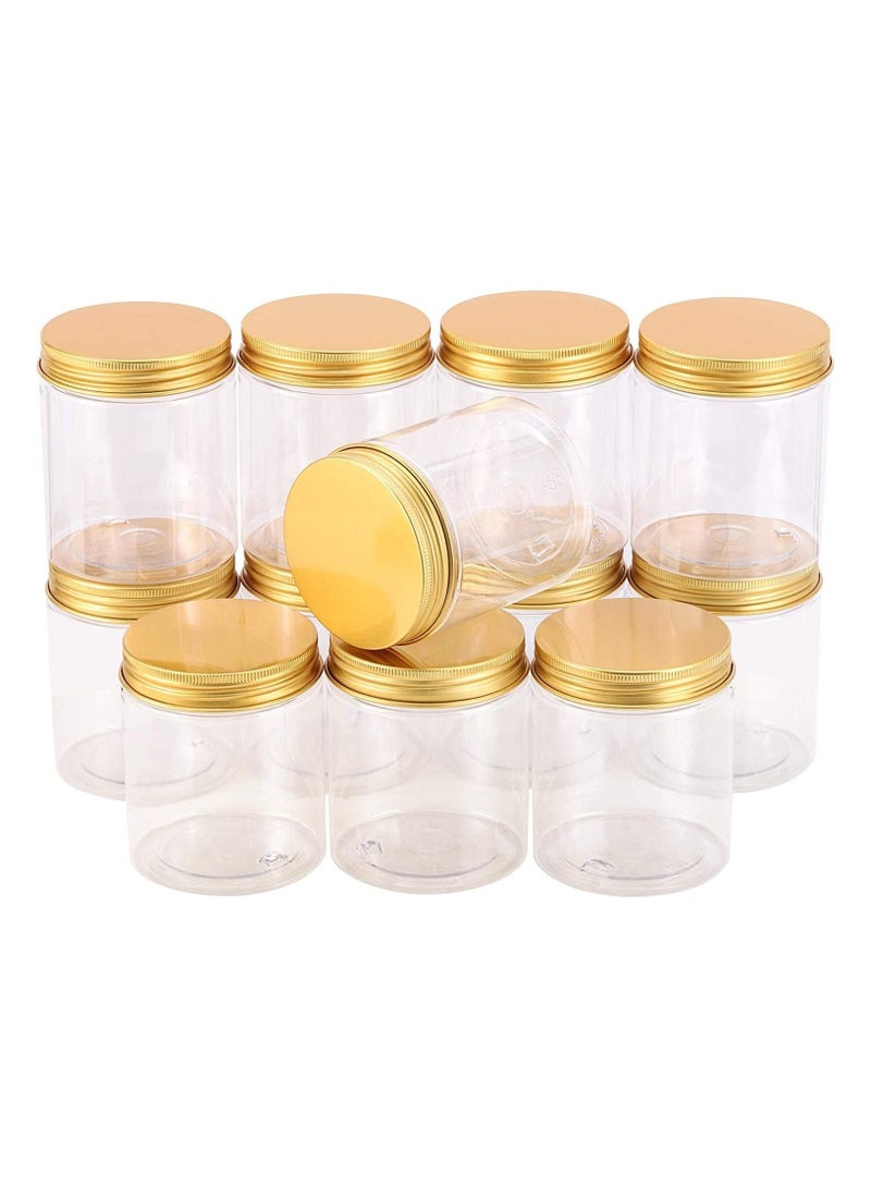 Clear Plastic Pet Jars 12 Pc × 200 Ml, Empty Refillable Pet Bottles with Gold Lids for Food Home Storage Products Round Food Containers Candy | Spiced | Biscuits