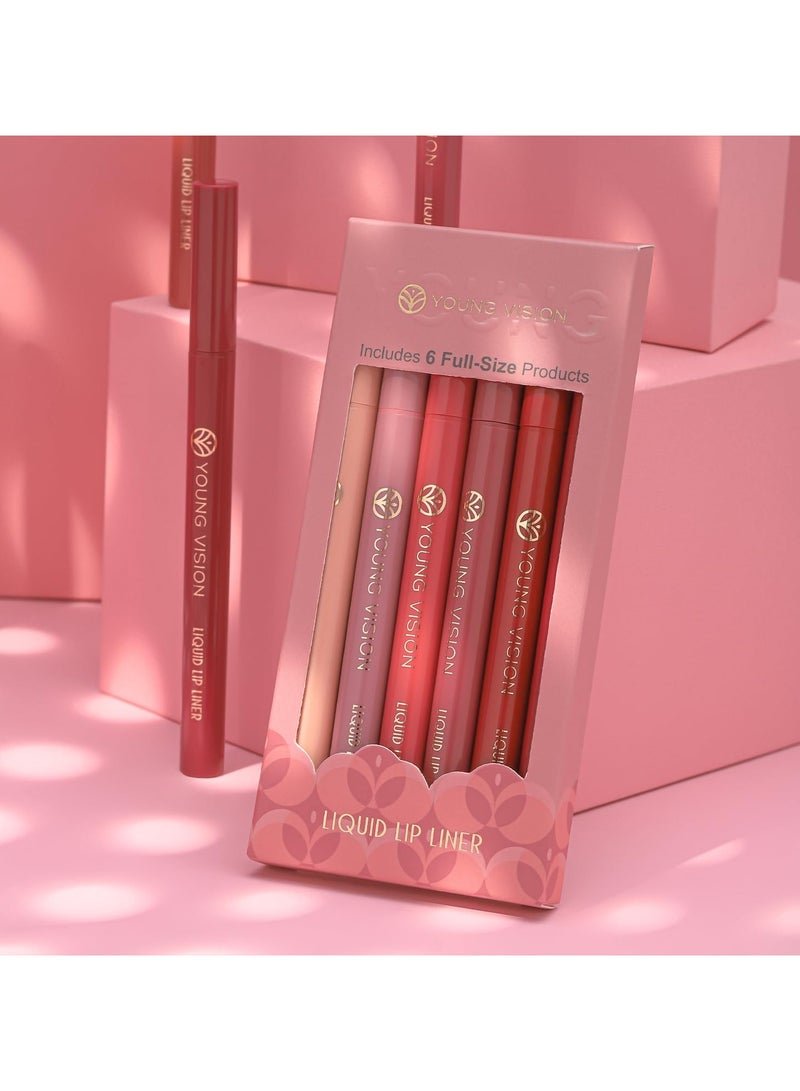 Liquid Waterproof Lip Liner Set, 6Pcs Lip Stain Tint Marker Pen with Precise Chisel Tip for Smooth, Easy Glide Application - Nude Brown Matte Shades, Non-Feathering, Rich Color