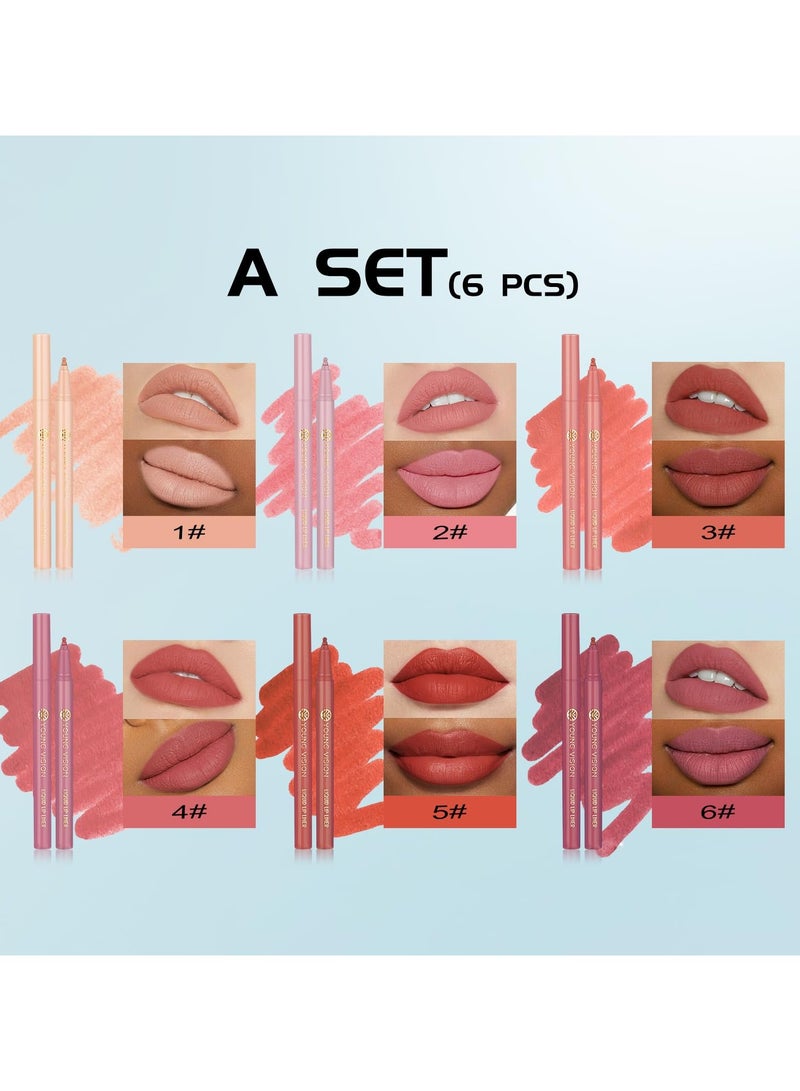 Liquid Waterproof Lip Liner Set, 6Pcs Lip Stain Tint Marker Pen with Precise Chisel Tip for Smooth, Easy Glide Application - Nude Brown Matte Shades, Non-Feathering, Rich Color