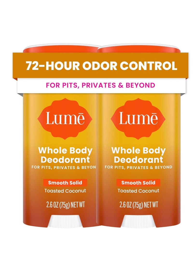 Lume Whole Body Deodorant - Smooth Solid Stick - 72 Hour Odor Control - Aluminum Free, Baking Soda Free and Skin Safe - 2.6 Ounce (Pack of 2) (Toasted Coconut)