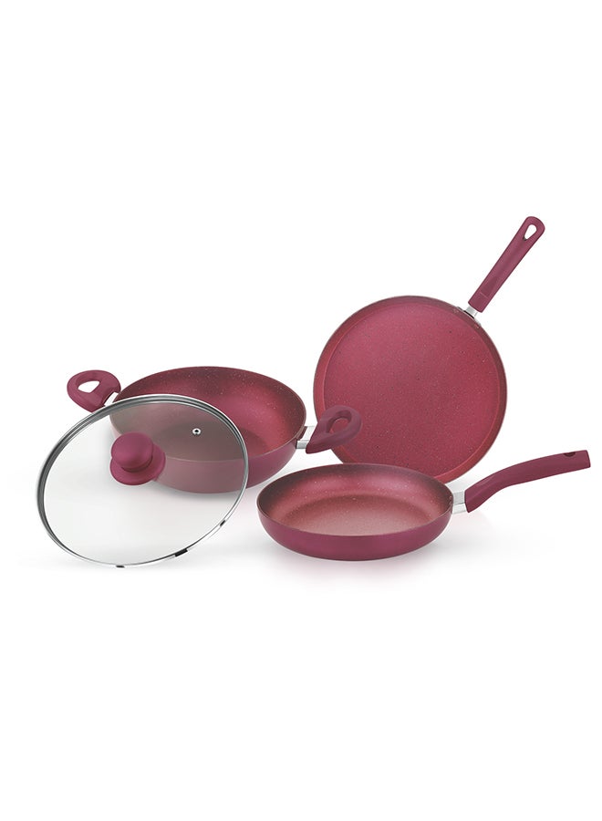 Royalford 4-piece Granite Cookware Set- RF11959/ Press Aluminum Body with Durable 5 Layer Coating/ Dot Induction Base, Heat-Resistant Bakelite Handles and Tempered Glass Lid Multicolor