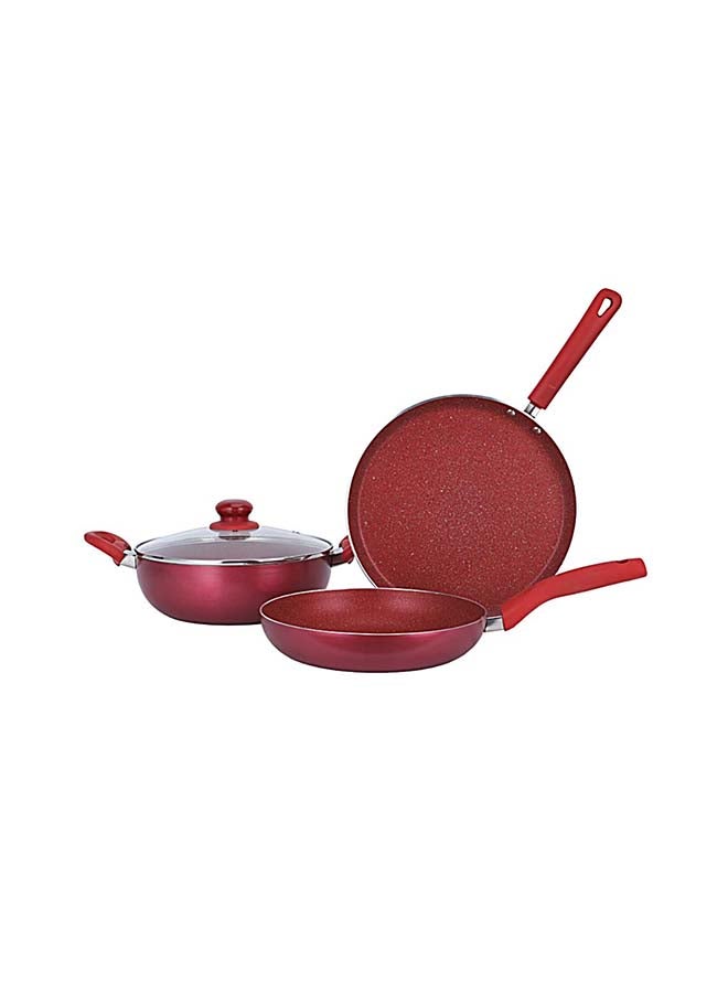 Royalford 4-piece Granite Cookware Set- RF11959/ Press Aluminum Body with Durable 5 Layer Coating/ Dot Induction Base, Heat-Resistant Bakelite Handles and Tempered Glass Lid Multicolor