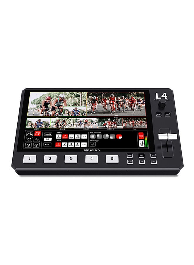 FEELWORLD L4 Multi-Format Video Mixer Switcher with 10.1 Inch Touchscreen Built-in Cooler 4 x HDMI Input + 1 x USB3.0 Output for Live Stream E-Sports Competition Interview Education