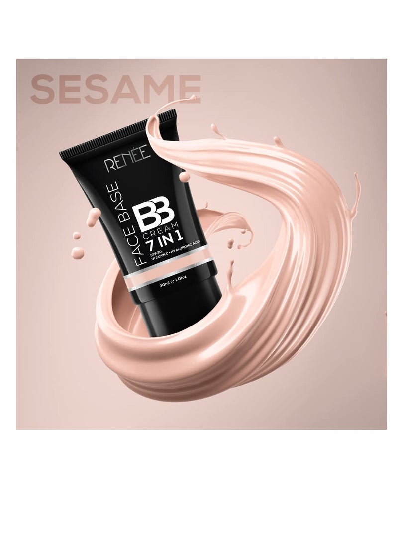 RENEE Face Base BB Cream 7 in 1 with SPF 30 PA  Enriched with Hyaluronic Acid Vitamin C  Hydrates Nourishes and Smoothens Skin Texture  Sesame 30ml