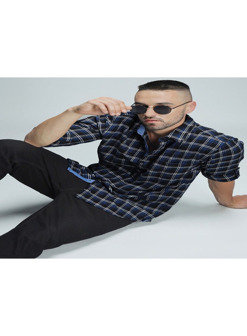 Standard Checked Cotton Spread Collar Curved Casual Shirt