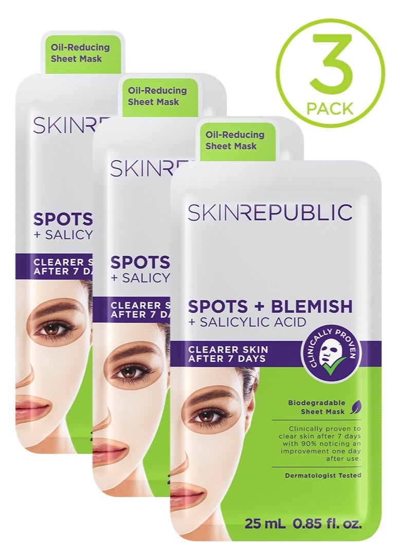 Salicylic Acid Face Sheet Mask (3 Masks) – Anti-Blemish Serum with Witch Hazel and Tea Tree, Clears Skin in 7 Days, Unclogs and Tightens Pores and Reduces Breakouts