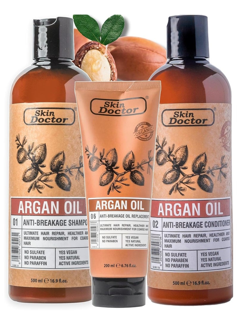 Argan Oil Full Care Set for Hair & Skin (Shampoo - Conditioner - Hair Oil Replacement) Anti-Aging Formula - No Sulfate No Paraben - High Content of Antioxidants
