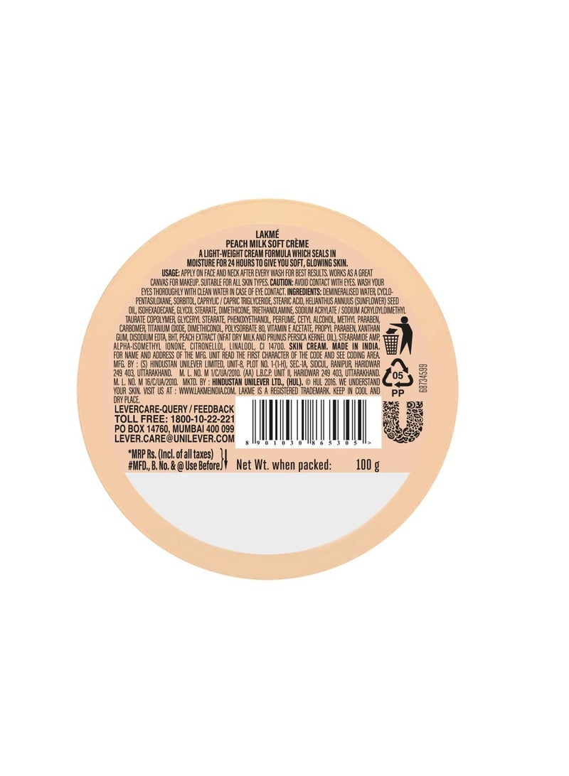 LAKMÉ Peach Milk Soft Crème Moisturizer for Face 100 g Daily Lightweight Whipped Cream with Vitamin E for Soft  Glowing Skin  Non Oily 24h Moisture  Pack of 2