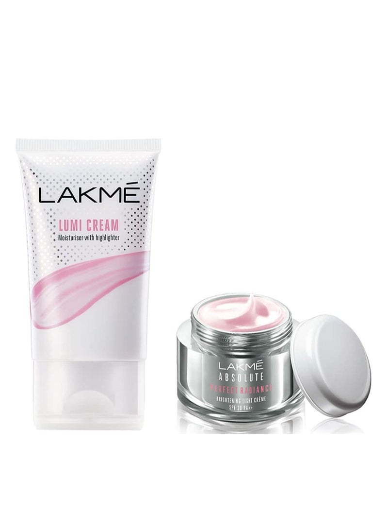 LAKMÉ Absolute Perfect Radiance Brightening Light Crème with Niacinamide and Micro crystals  50g and Lumi Cream Moisturizer with Highlighte  Enriched with Niacinamide for All Skin Type  30g