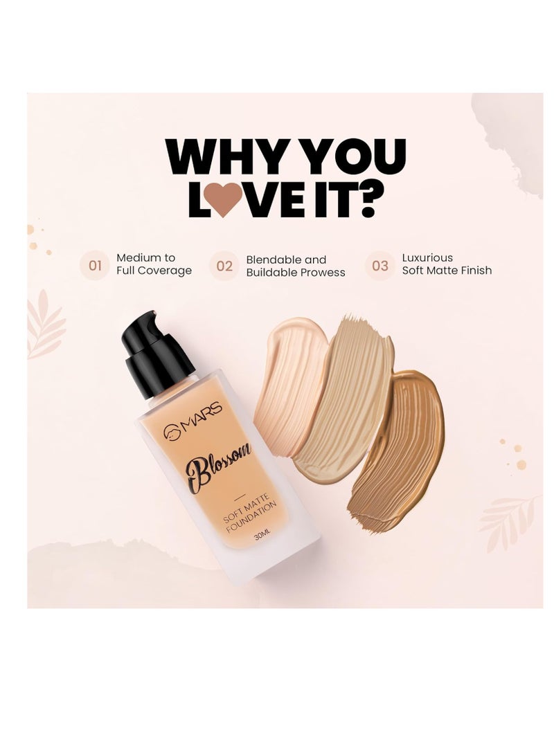 MARS Blossom Soft Matte Full Coverage Foundation For All Skin Types Lotion For All Skin Types Blendable And Buildable Flawless Base Face Makeup 30 Ml 03 Warm Nude  Pack Of 1