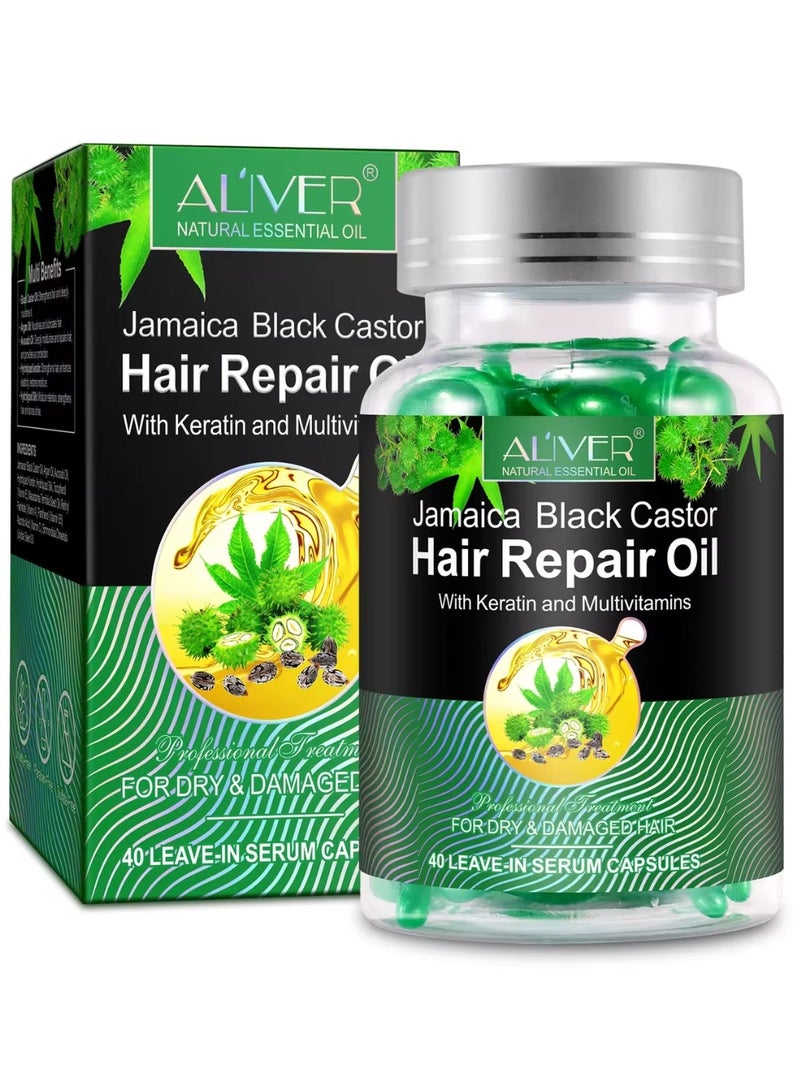 40 Pcs Jamaica Black Castor Hair Repair Oil Capsules Organic Jamaican Black Castor Oil with Keratin & Multivitamins Hair Repair Oil Shines Nourishing Repair Dry & Damaged Hair Treatment Leave-In Serum