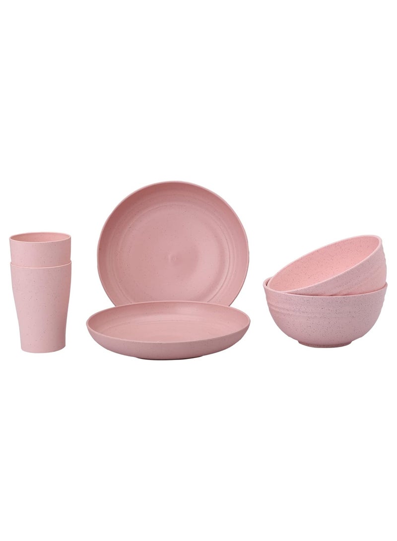 Wheat Straw Unbreakable Plates Dinnerware 6 Pcs Set, (Plush Pink) Lightweight and Eco Friendly Freezer, Dishwasher & Microwave Safe Cups, Plates and Bowls Set for Snacks, Meal etc