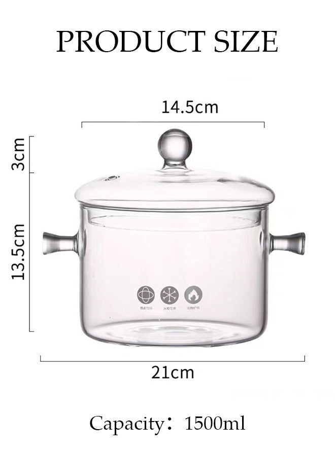 Glass Cooking Pot Saucepan with Cover,1500ml Heat-resistant Glass Stovetop Pot and Pan with Lid, The Best Handmade Glass Cookware Set Cooktop Safe for Pasta Noodle, Soup, Milk, Baby Food