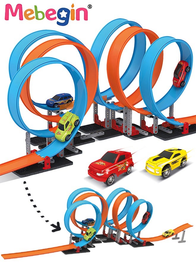 Car-Race-Track-Sets for Boys Kids,  Assembled Building Blocks Pull Back Track Racing Car Track Set For Multi-car Play, Easy Storage, Gift For Kids 3+ Years Old
