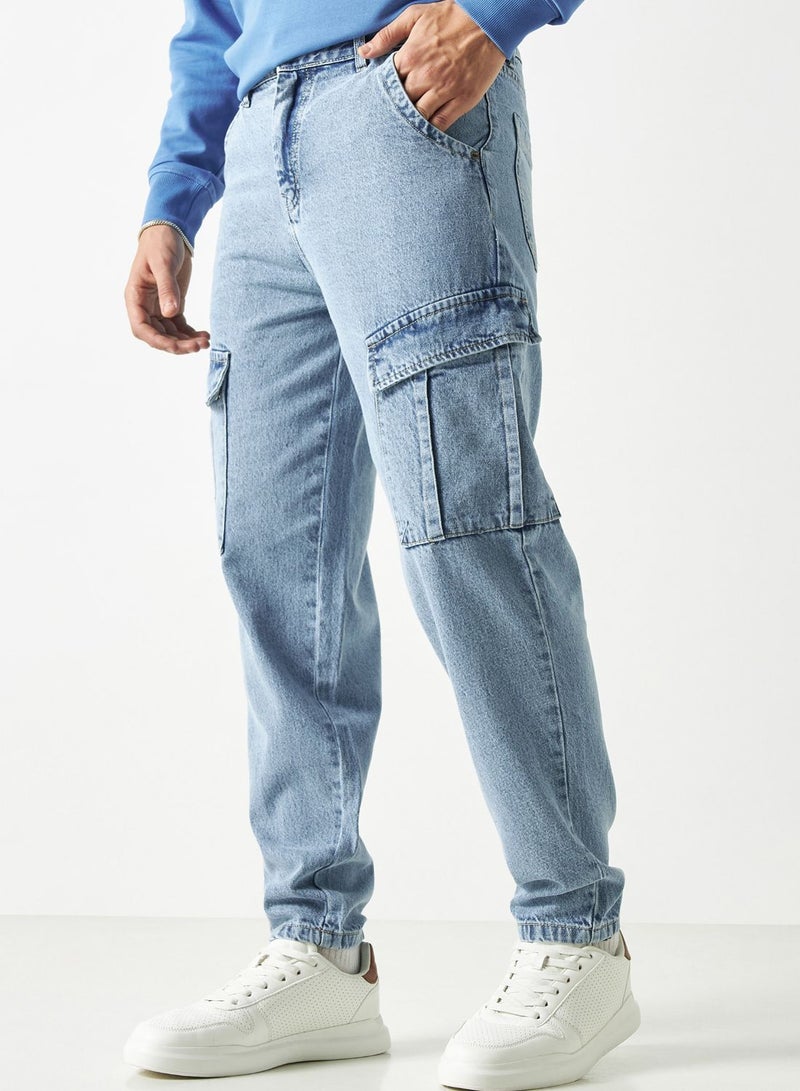 Light Wash Straight
 Fit Cargo Jeans