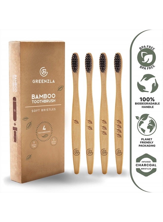 Bamboo Toothbrush (4 Pack) with Travel Case & Charcoal Dental Floss | BPA Free Soft Bristles | Eco-Friendly, Natural Bamboo Toothbrush Set | Biodegradable & Compostable Wooden Toothbrushes