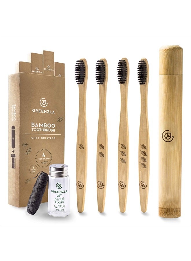 Bamboo Toothbrush (4 Pack) with Travel Case & Charcoal Dental Floss | BPA Free Soft Bristles | Eco-Friendly, Natural Bamboo Toothbrush Set | Biodegradable & Compostable Wooden Toothbrushes