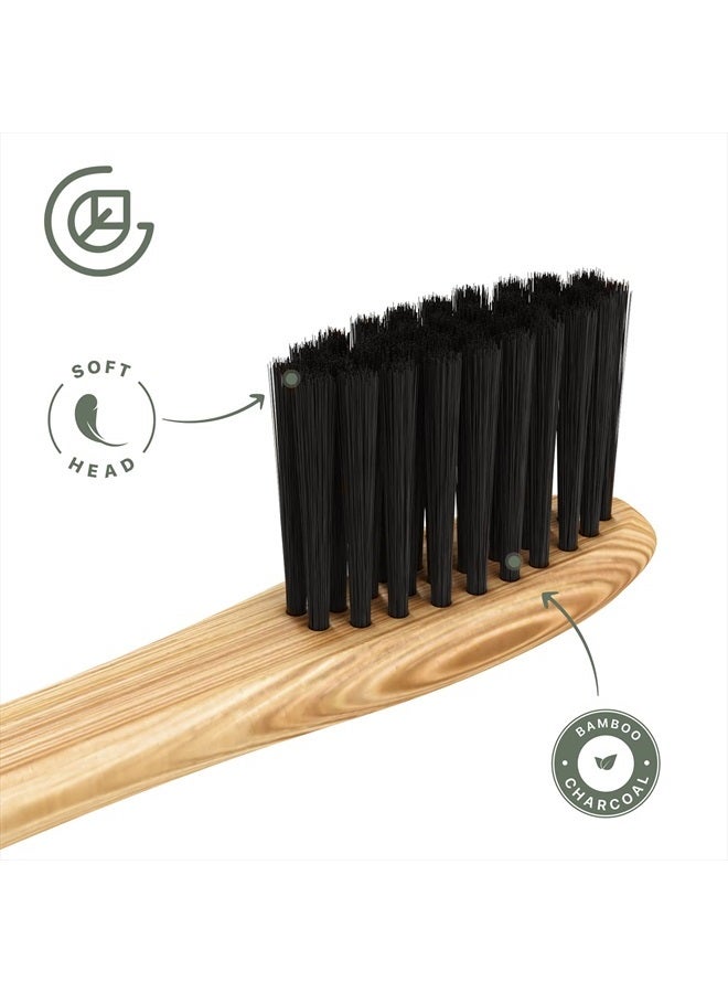 Bamboo Toothbrush (4 Pack) with Travel Case & Charcoal Dental Floss | BPA Free Soft Bristles | Eco-Friendly, Natural Bamboo Toothbrush Set | Biodegradable & Compostable Wooden Toothbrushes